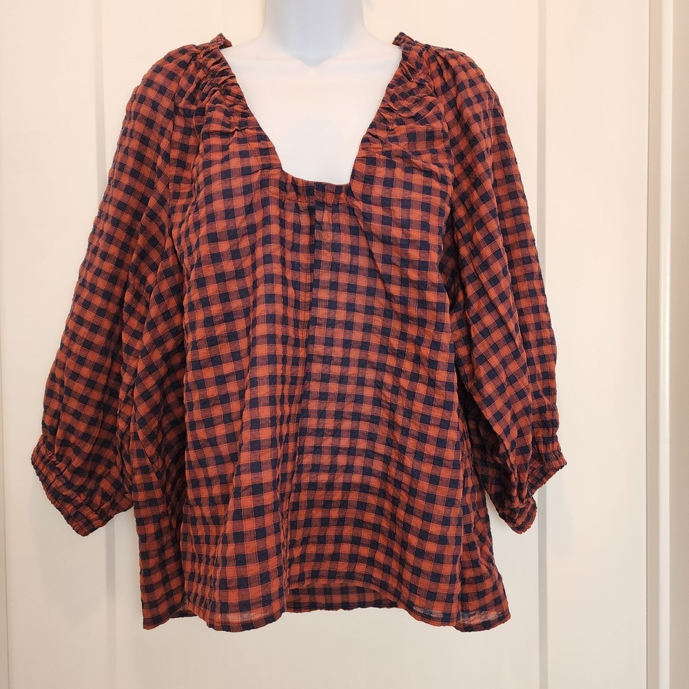 Never a Wallflower Gingham‎ Peasant Top XL Rust Blue Western Prairie Cottagecore